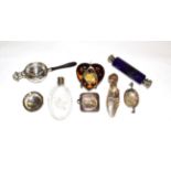 A collection of assorted silver and objects, including: a blue glass double-ended scent-bottle; a