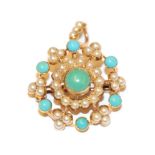 An Edwardian split pearl and turquoise brooch/pendant, of target design, the round turquoise