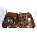 A group of various items including framed French bank notes, book form book ends, shield form