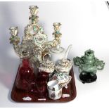 A group of 19th century and later ceramics and glass including Sevres pot pourri, floral three-light