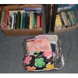 Two boxes of various books including sport, together with a group of mid 20th century fabrics