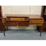 A George III mahogany and satinwood square piano case, lacking interior, with three drawers labelle