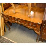 A walnut three drawer and pine lined table, mostly 18th century, 98cm by 55cm by 66cm