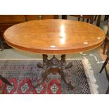 A Victorian quarter veneered burr walnut oval topped occasional table