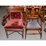 William IV mahogany open armchair with down scrolled arms and part buttoned upholstery, and a late