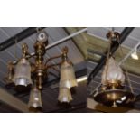 A patinated metal five-light ceiling light, together with an Art Nouveau hanging oil lantern (