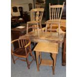 A carved horseshoe-backed occasional chair, together with two pine country chairs and a pine