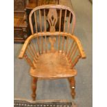 A 19th century ash and elm Windsor chair with double stretcher