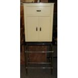 A 1920's/30's metal tubular towel rail/table, and a later painted bathroom cabinet