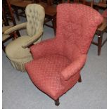 A Victorian mahogany framed button-back open armchair, together with a reproduction mahogany