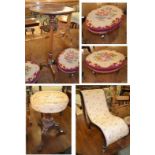 A Victorian carved rosewood revolving piano stool, a pair of Edwardian oval foot stools, a