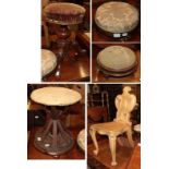 A Victorian bleached mahogany hall chair, two Victorian footstools, a revolving Victorian piano