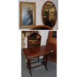 A gilt and gesso wall mirror, an Edwardian oval wall mirror, a Victorian walnut side table and a