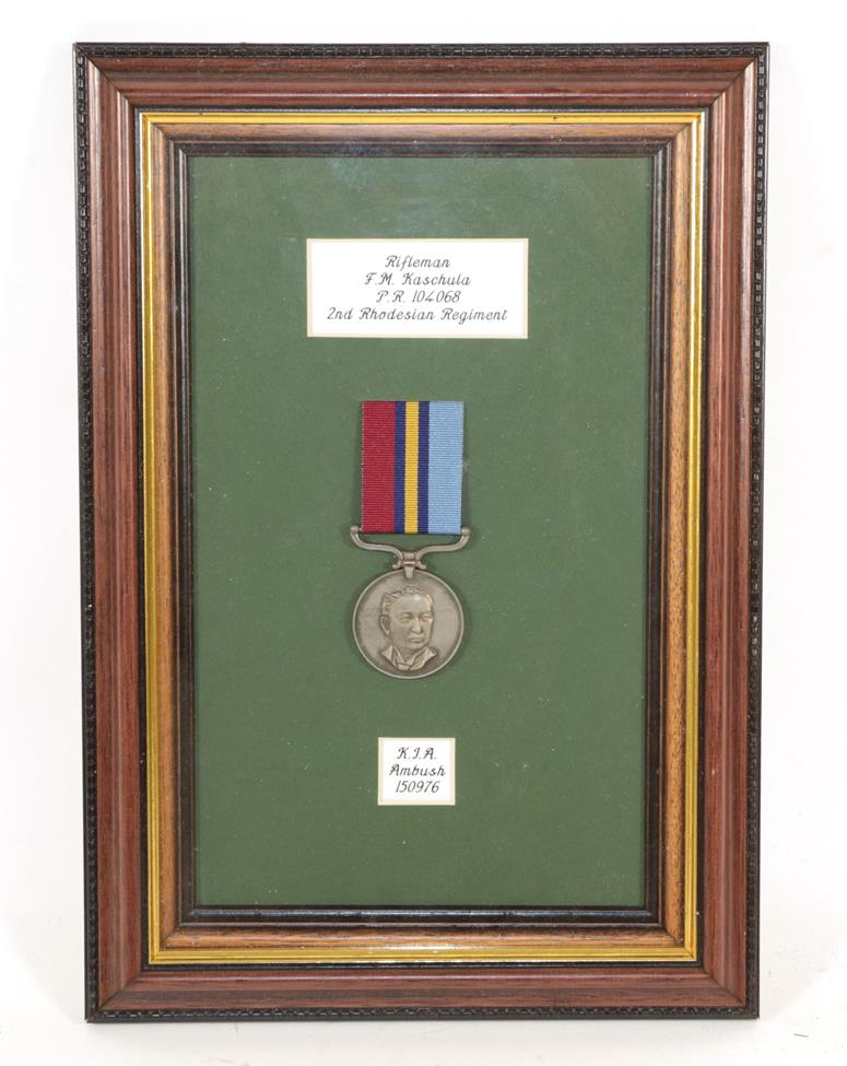 Casualty Rhodesian General Service Medal to Rifleman F m Kaschula P.R. 104068. 2nd Rhodesian Regt.