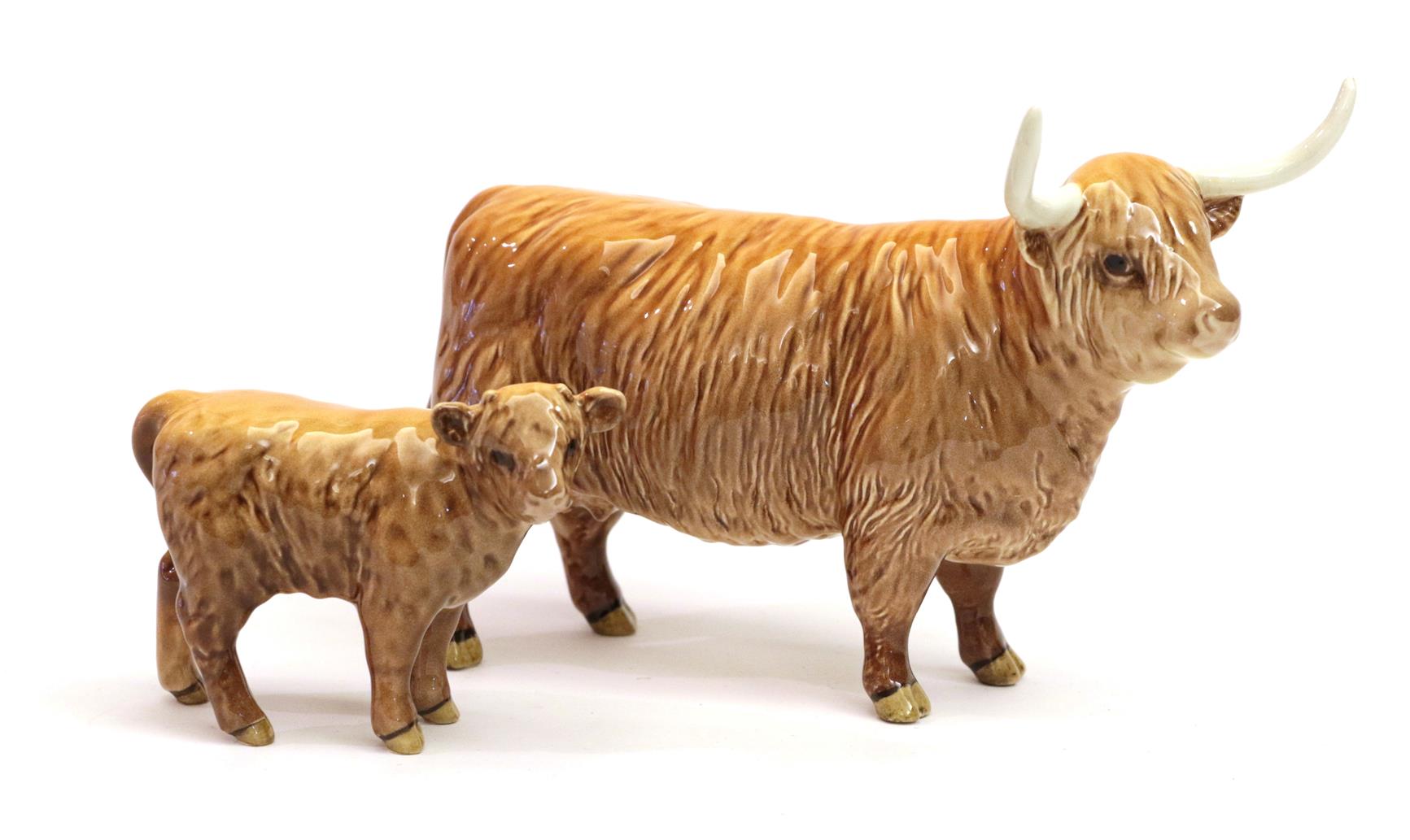 Beswick Highland Cow, model No. 1740 and Highland Calf, model No. 1827D, both tan and brown gloss (