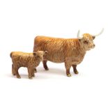 Beswick Highland Cow, model No. 1740 and Highland Calf, model No. 1827D, both tan and brown gloss (