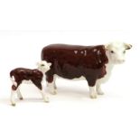 Beswick Hereford Cow, model No. 1360 and Hereford Calf, model No. 1406B, brown and white gloss (2)