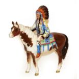 Beswick Mounted Indian, model No. 1391, Skewbald gloss (a.f.). Chip and restoration to one ear of