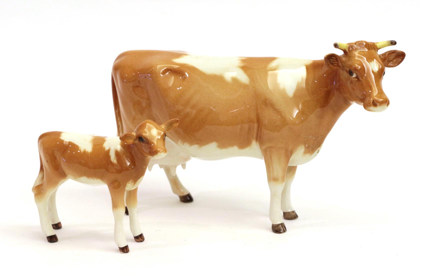 Beswick Guernsey Cow, first version, model No. 1248A and Guernsey Calf, model No. 1249A, golden