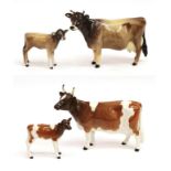 Beswick Ayrshire Cow Ch. ''Ickham Bessie'', model No. 1350 and Ayrshire Calf, model No. 1249B, brown