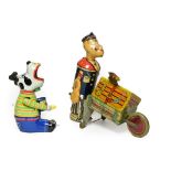 Louis Marx C/w Popeye Express with Popeye pushing a wheel barrow with crate with a parrot on (G)