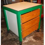 Modern painted chest of three drawers on casters