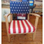 Stripped oak elbow chair with contemporary stars and striped upholstered seat and back