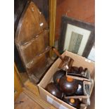 Antique pine church hymnal board, brass trivet, copper measure, Lignum Vitae bowls, etc.