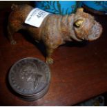 Cold painted bronze bulldog, and a threaded snuff box, marked as Bonaparte