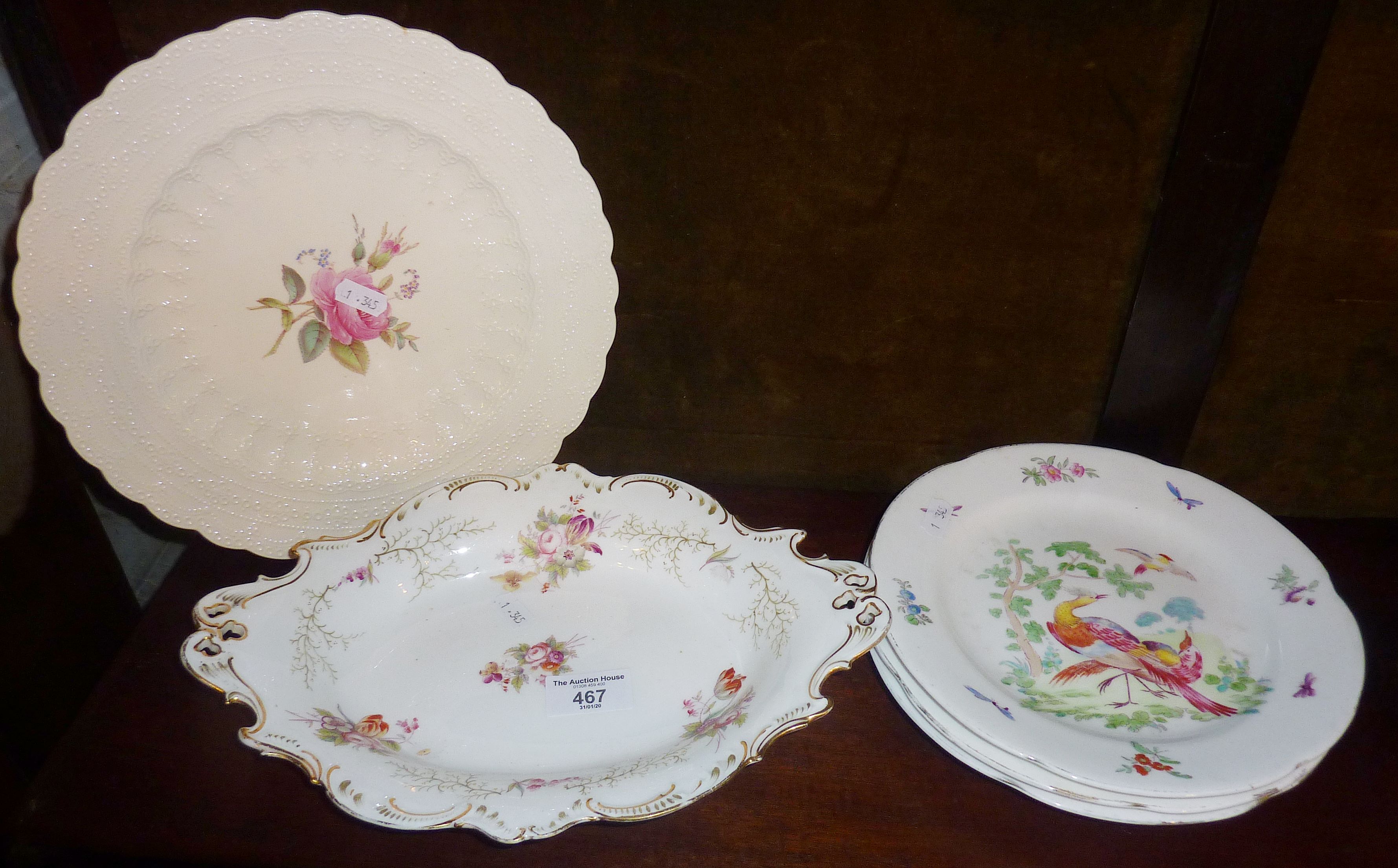 Copeland Spode "Billingsley Rose" plate, another floral dish, and some New Chelsea plates