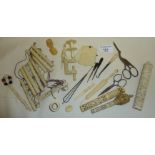 Antique ivory sewing accessories, inc. clamp, needle cases (one with Stanhope of Bournemouth),