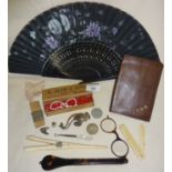 Tray of collectables inc. fan, beads, folding letter opener, white metal seal, faux tortoiseshell