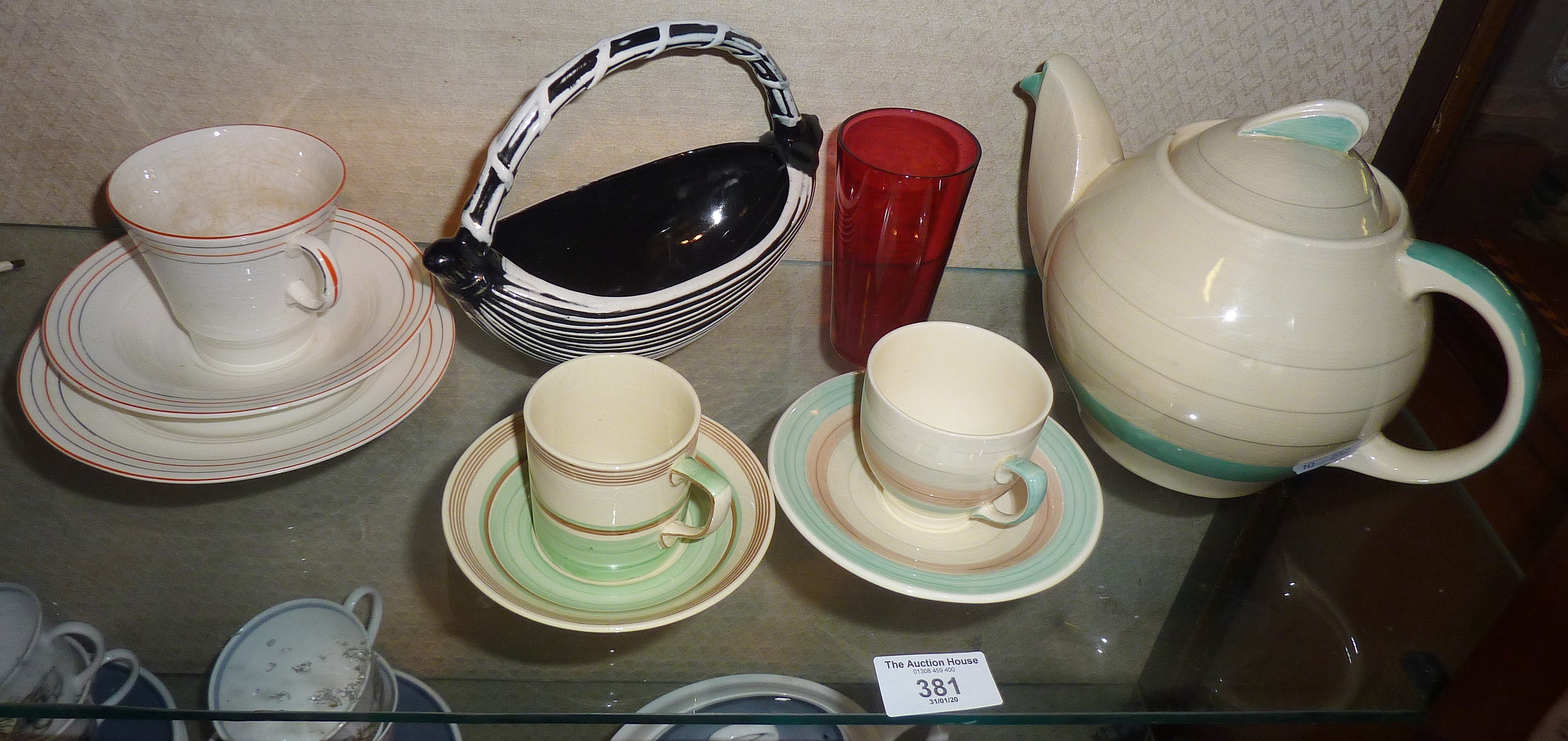 Pair Susie Cooper cups and saucers, a Susie Cooper Art Deco teapot (chip to spout) and other items