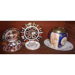 Royal Crown Derby Imari pattern plates etc., Art Nouveau biscuit barrel, and other floral