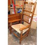 Victorian oak rush seated spindle back nursing chair, and a low dropleaf table