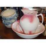 Pair of Victorian Peerless china chamber pots and a wash jug and basin