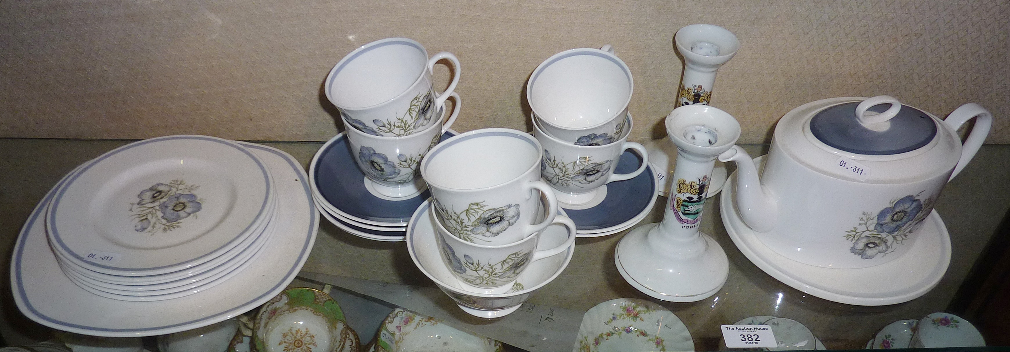 Susie Cooper Glen Mist pattern tea set, and two crested china candlesticks for Poole