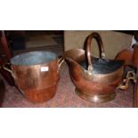 Large Victorian copper cooking pot stamped "FG", and an Arts & Crafts hammered copper coal scuttle