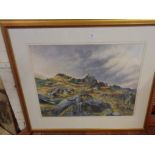 Large watercolour of a moorland scene with sheep by Derry Shannon