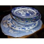 Quantity of blue and white transfer decorated meat platters and plates