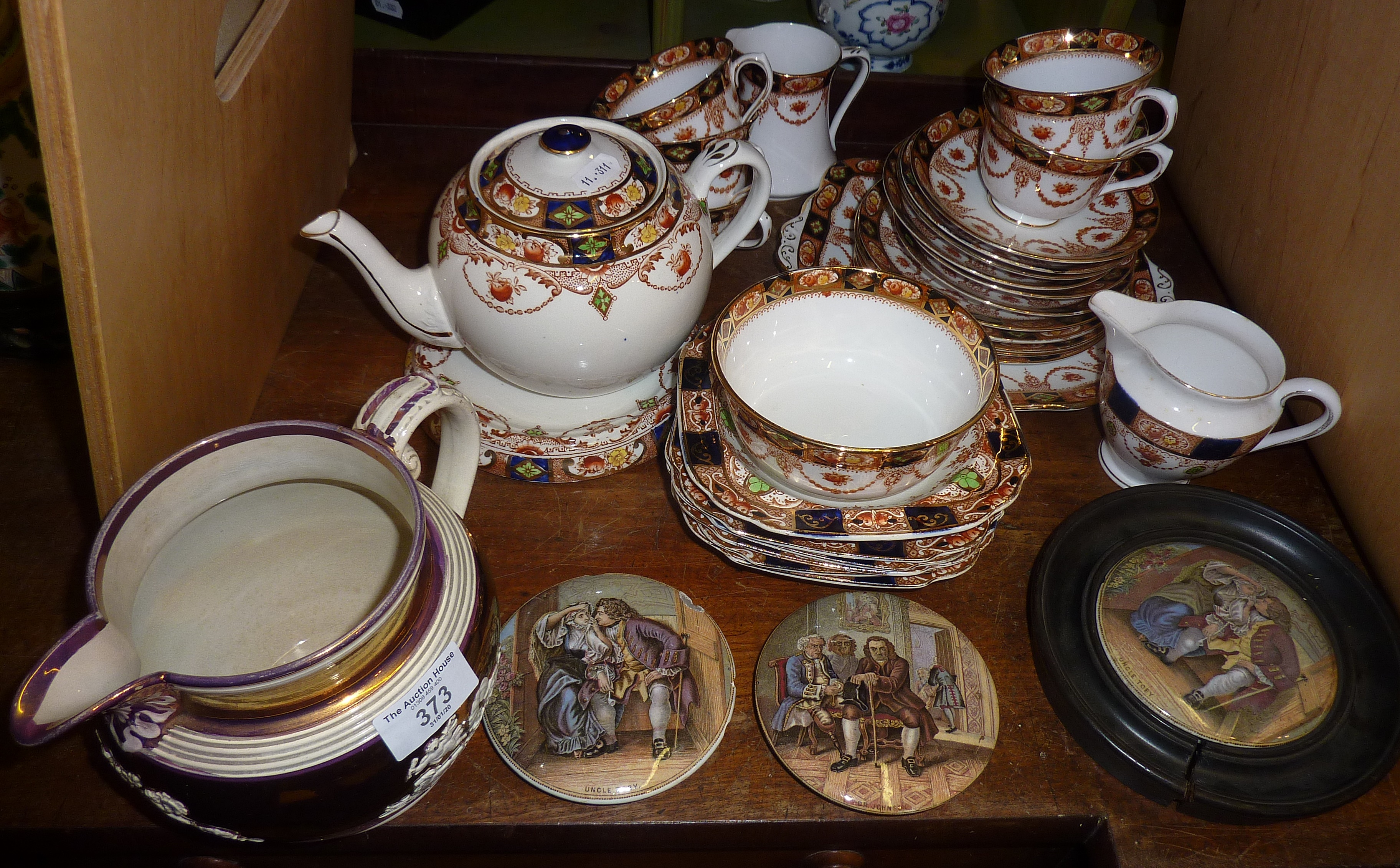 Victorian lustre jug, Lawleys, Colclough and Burgess Bros china, together with some old pot lids,