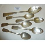Six assorted silver spoons - five teaspoons, one serving spoon (all London hallmarked for early 19th