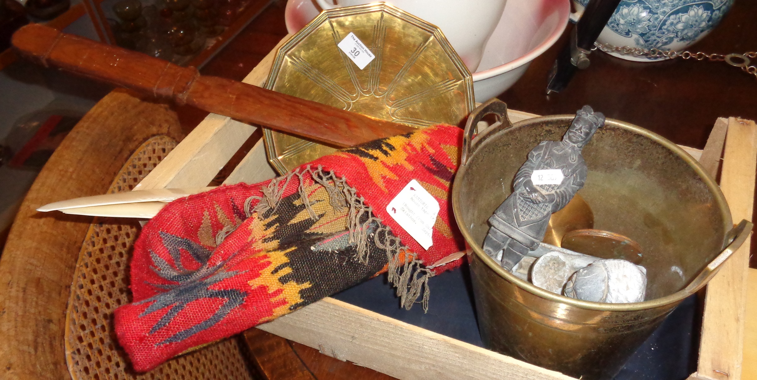 Silver plated ice bucket, two compacts, a Macedonian house tapestry, c. 1880, and other items