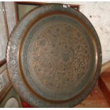 Large Persian tinned copper 'Shepherd's Tray' wall hanging dish 40" diameter