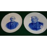 Pair of 19th c. blue and white round porcelain plaques depicting Gladstone and John Bright
