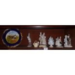 Three Continental porcelain figurines and other ceramics (shelf of)