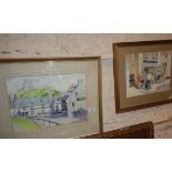 Watercolour of Corfe Castle village by N.J. Lynskey, 1976 and another by S. Hawell