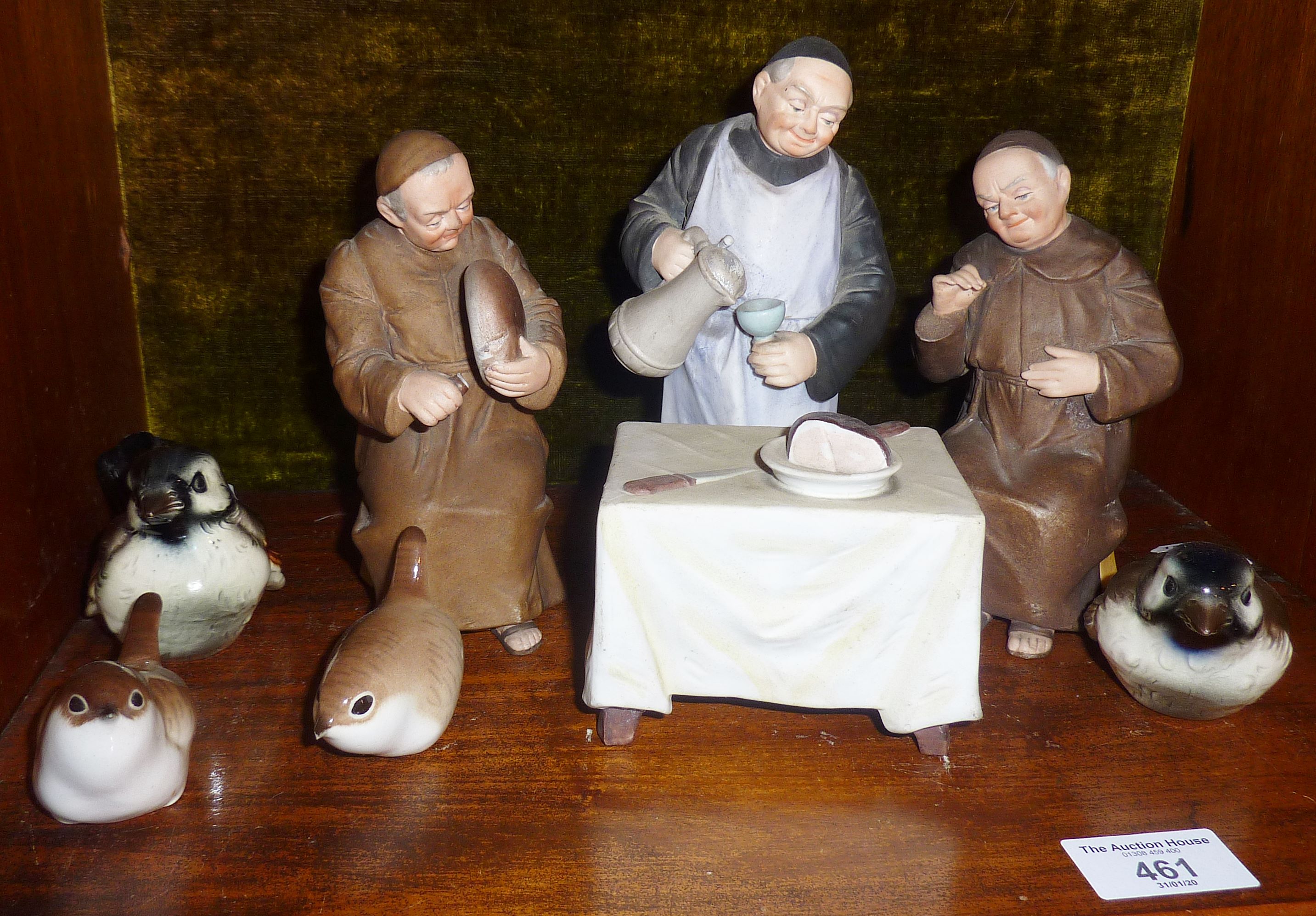 Group of bisque porcelain German monks, most likely by Carl Schneider, together with some bird