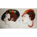 Two Moorland Pottery Art Deco style lady wall masks