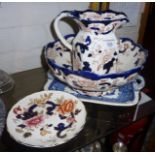 Three pieces of Masons "Mandalay" pattern jug and basin, and a similar blue and white platter